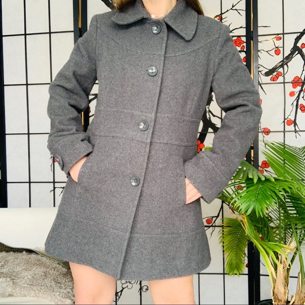 Kenneth Cole Wool Classy Button Down Dress Pea Coat Single Breasted Gray 12 - Picture 1 of 16